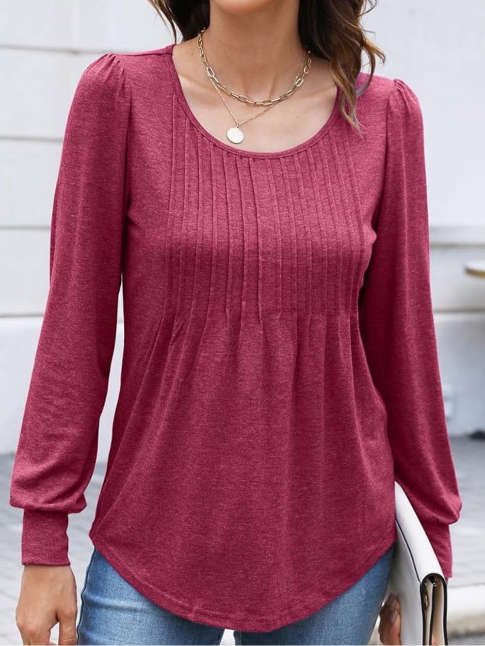Women’s Pleated Long-Sleeve Top in Berry